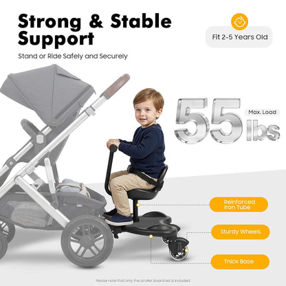 Universal Stroller Board Riding Attachment with Seat, 2-in-1 Stroller Ride-On Board for Toddler, Removable Seat, Adjustable for Most Strollers