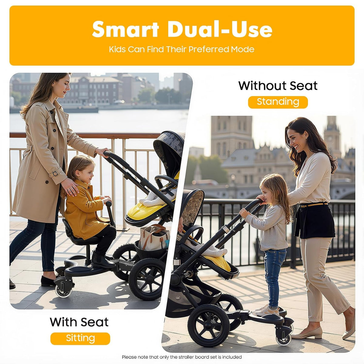Universal Stroller Board Riding Attachment with Seat, 2-in-1 Stroller Ride-On Board for Toddler, Removable Seat, Adjustable for Most Strollers