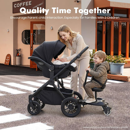Universal Stroller Board Riding Attachment with Seat, 2-in-1 Stroller Ride-On Board for Toddler, Removable Seat, Adjustable for Most Strollers