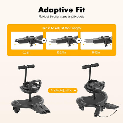 Universal Stroller Board Riding Attachment with Seat, 2-in-1 Stroller Ride-On Board for Toddler, Removable Seat, Adjustable for Most Strollers