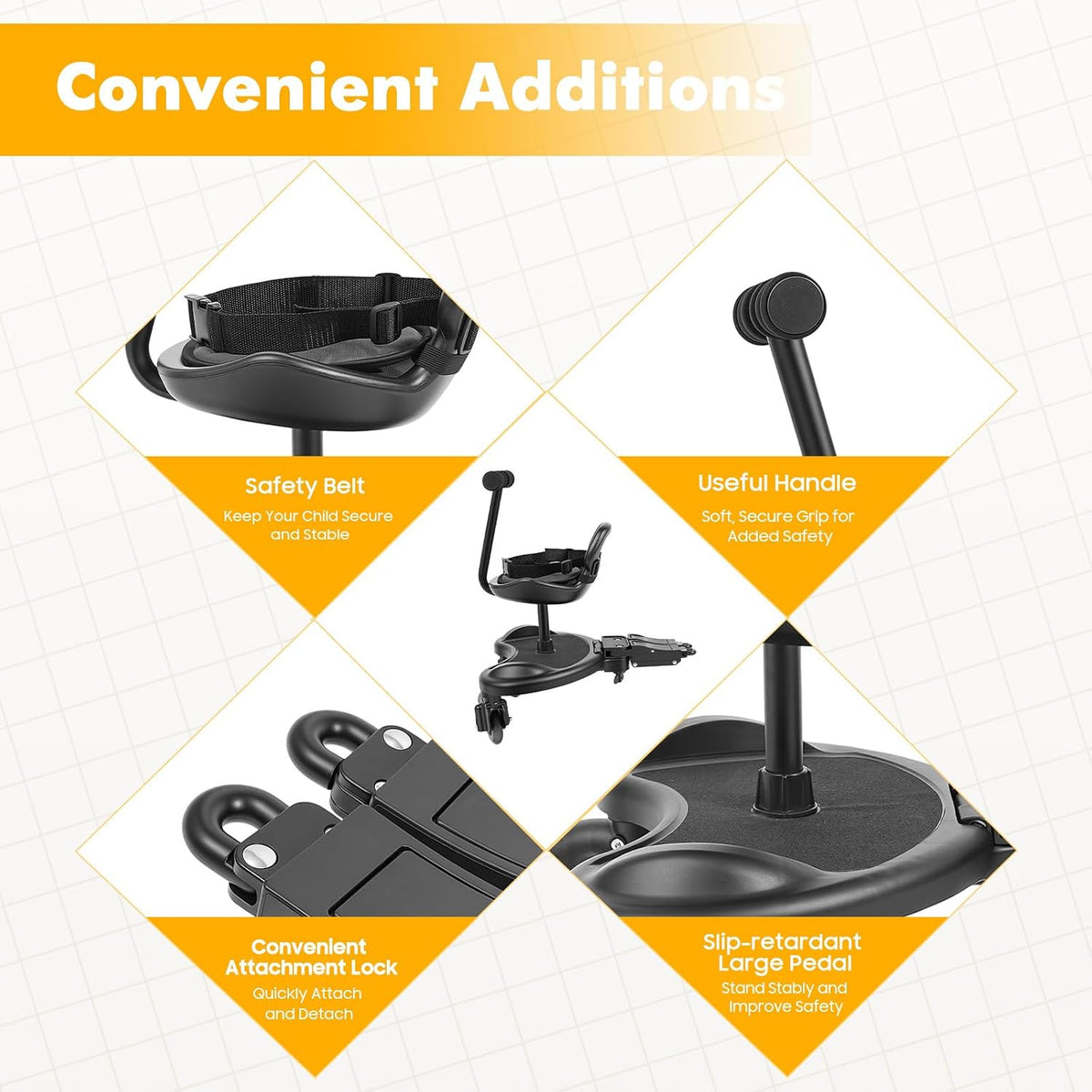 Universal Stroller Board Riding Attachment with Seat, 2-in-1 Stroller Ride-On Board for Toddler, Removable Seat, Adjustable for Most Strollers