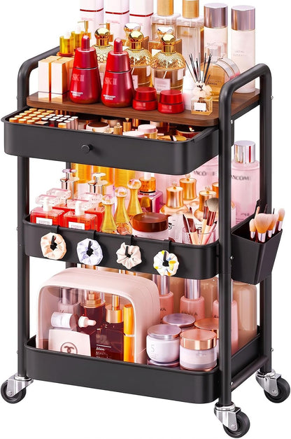 3 Tier Metal Rolling Makeup Organizer Cart with with Wheels and Drawers
