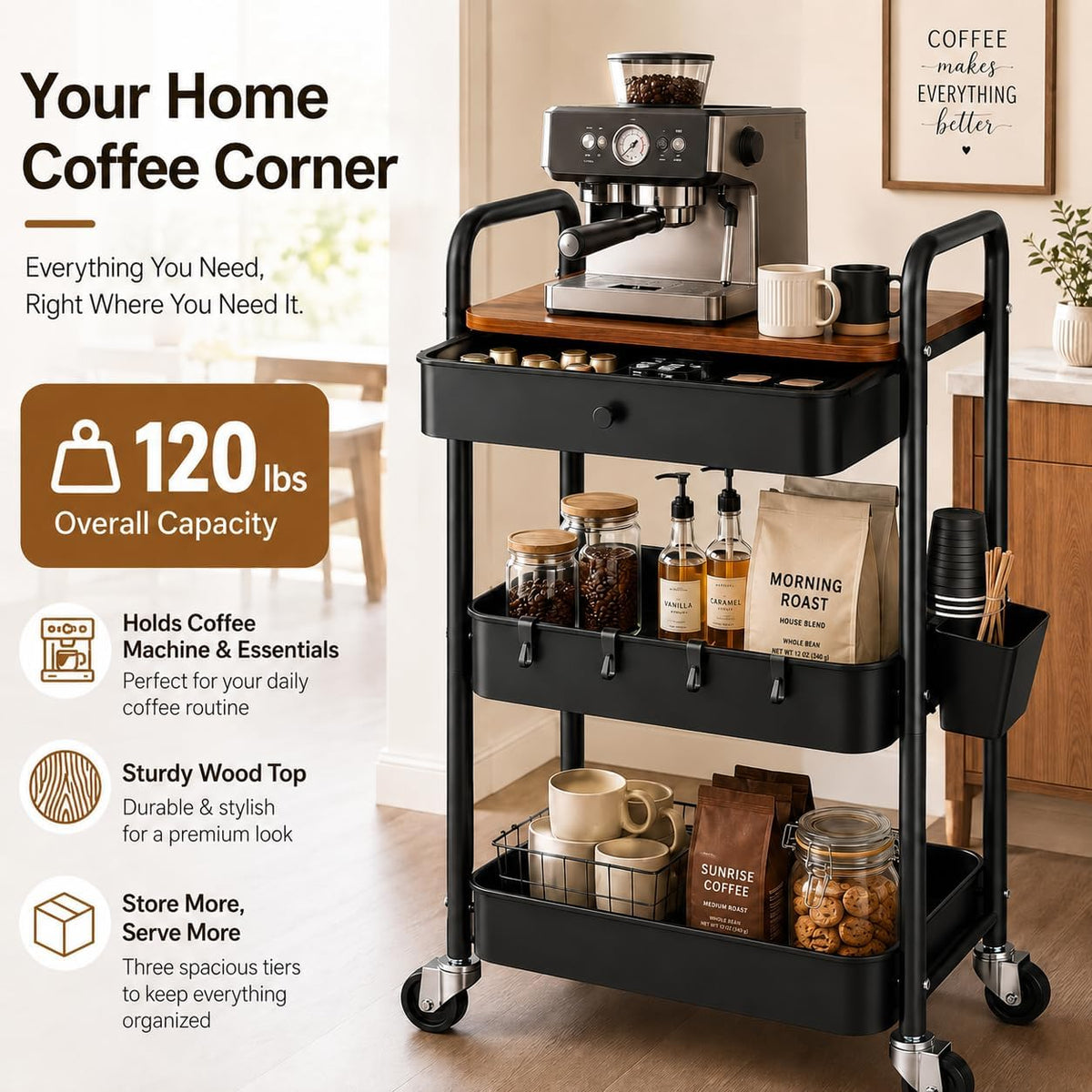 3 Tier Metal Rolling Makeup Organizer Cart with with Wheels and Drawers