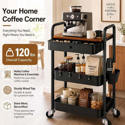 3 Tier Metal Rolling Makeup Organizer Cart with with Wheels and Drawers