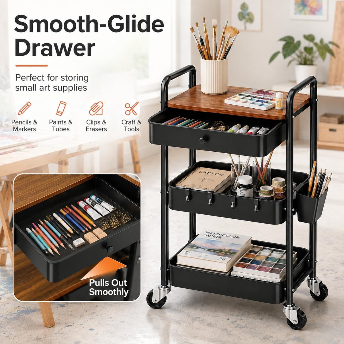 3 Tier Metal Rolling Makeup Organizer Cart with with Wheels and Drawers