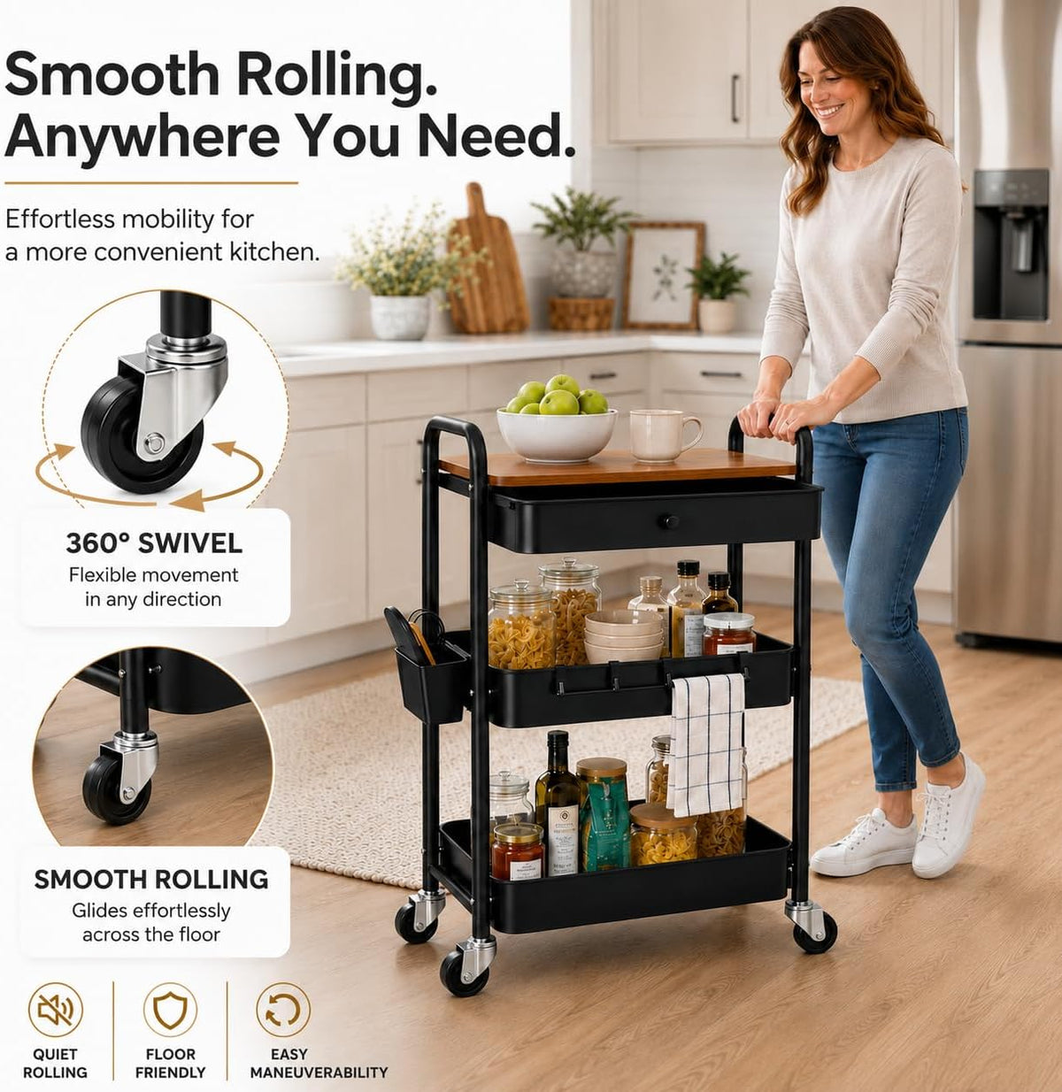 3 Tier Metal Rolling Makeup Organizer Cart with with Wheels and Drawers