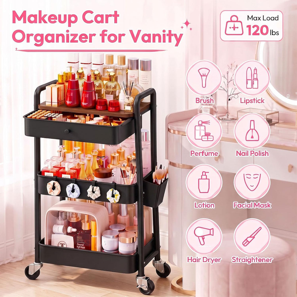 3 Tier Metal Rolling Makeup Organizer Cart with with Wheels and Drawers