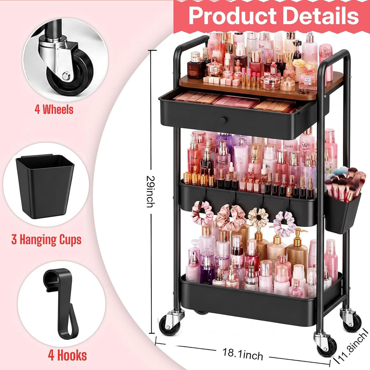 3 Tier Metal Rolling Makeup Organizer Cart with with Wheels and Drawers