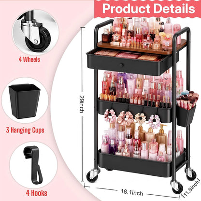3 Tier Metal Rolling Makeup Organizer Cart with with Wheels and Drawers