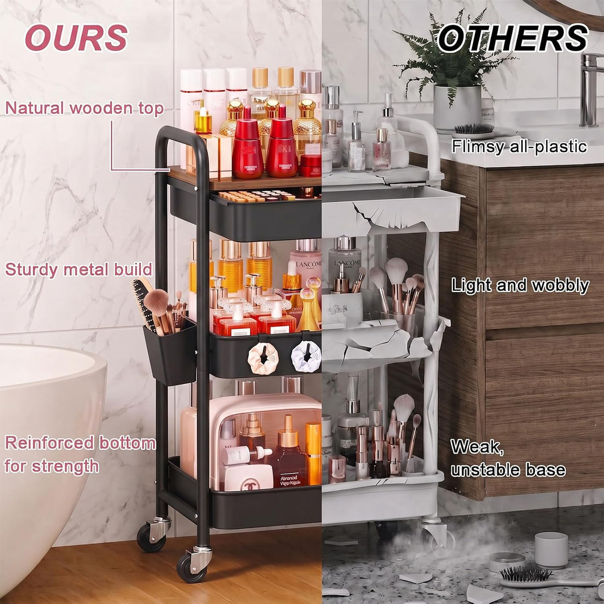 3 Tier Metal Rolling Makeup Organizer Cart with with Wheels and Drawers
