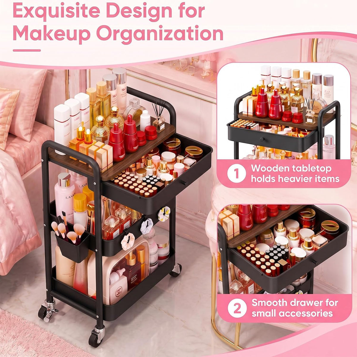 3 Tier Metal Rolling Makeup Organizer Cart with with Wheels and Drawers