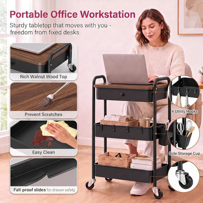 3 Tier Metal Rolling Makeup Organizer Cart with with Wheels and Drawers