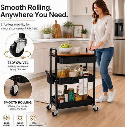 3 Tier Metal Rolling Makeup Organizer Cart with with Wheels and Drawers