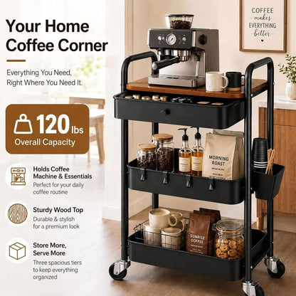 3 Tier Metal Rolling Makeup Organizer Cart with with Wheels and Drawers