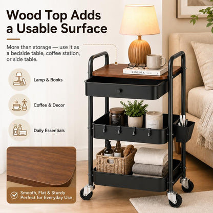 3 Tier Metal Rolling Makeup Organizer Cart with with Wheels and Drawers