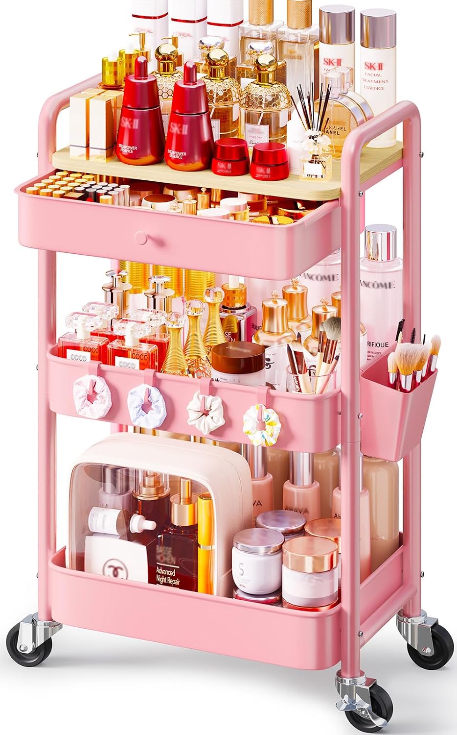 3 Tier Metal Rolling Makeup Organizer Cart with with Wheels and Drawers