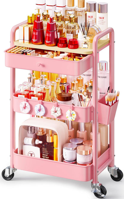 3 Tier Metal Rolling Makeup Organizer Cart with with Wheels and Drawers