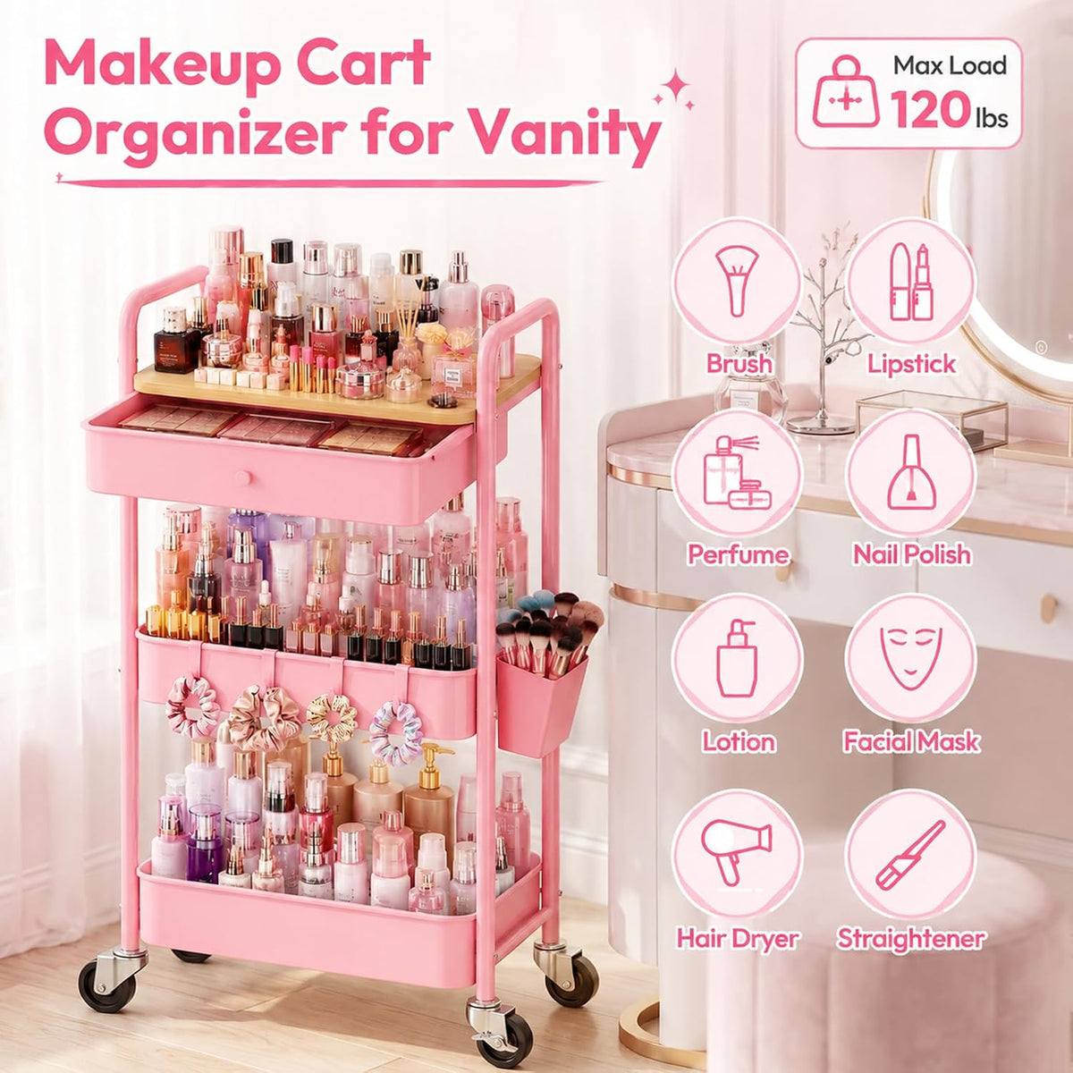 3 Tier Metal Rolling Makeup Organizer Cart with with Wheels and Drawers