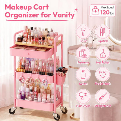 3 Tier Metal Rolling Makeup Organizer Cart with with Wheels and Drawers