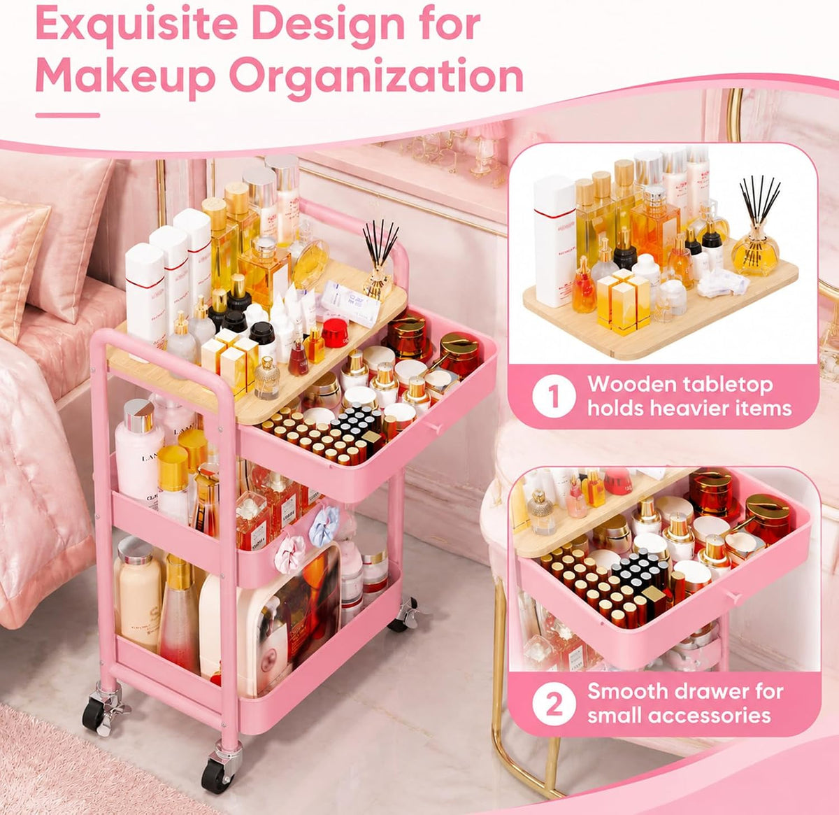 3 Tier Metal Rolling Makeup Organizer Cart with with Wheels and Drawers