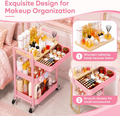 3 Tier Metal Rolling Makeup Organizer Cart with with Wheels and Drawers