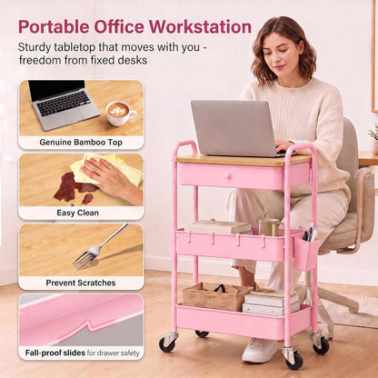 3 Tier Metal Rolling Makeup Organizer Cart with with Wheels and Drawers
