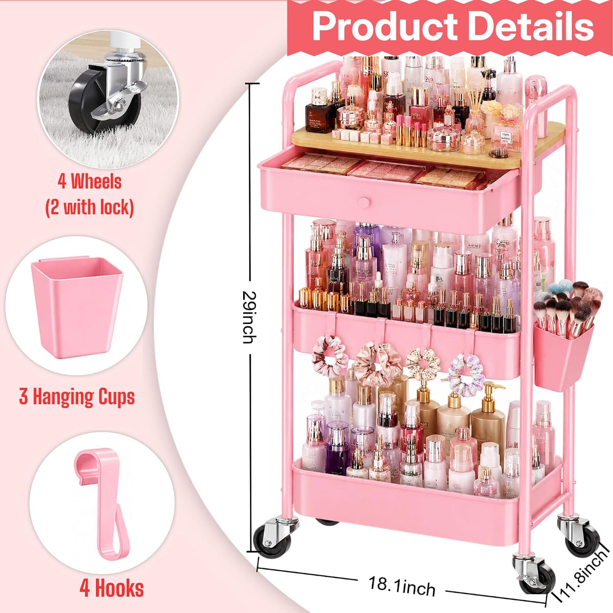 3 Tier Metal Rolling Makeup Organizer Cart with with Wheels and Drawers