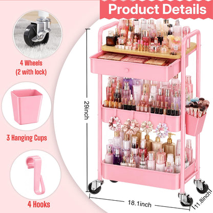 3 Tier Metal Rolling Makeup Organizer Cart with with Wheels and Drawers