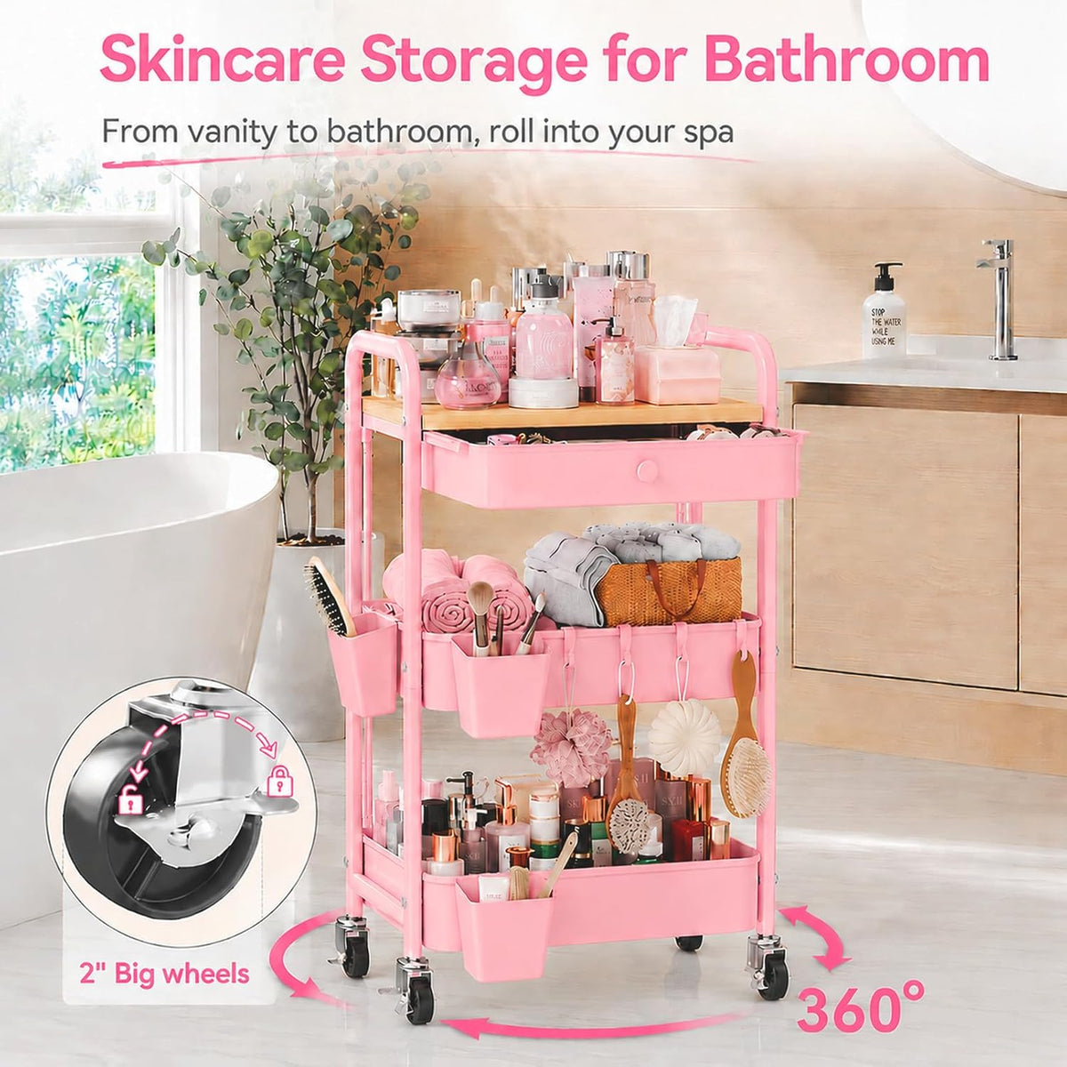 3 Tier Metal Rolling Makeup Organizer Cart with with Wheels and Drawers