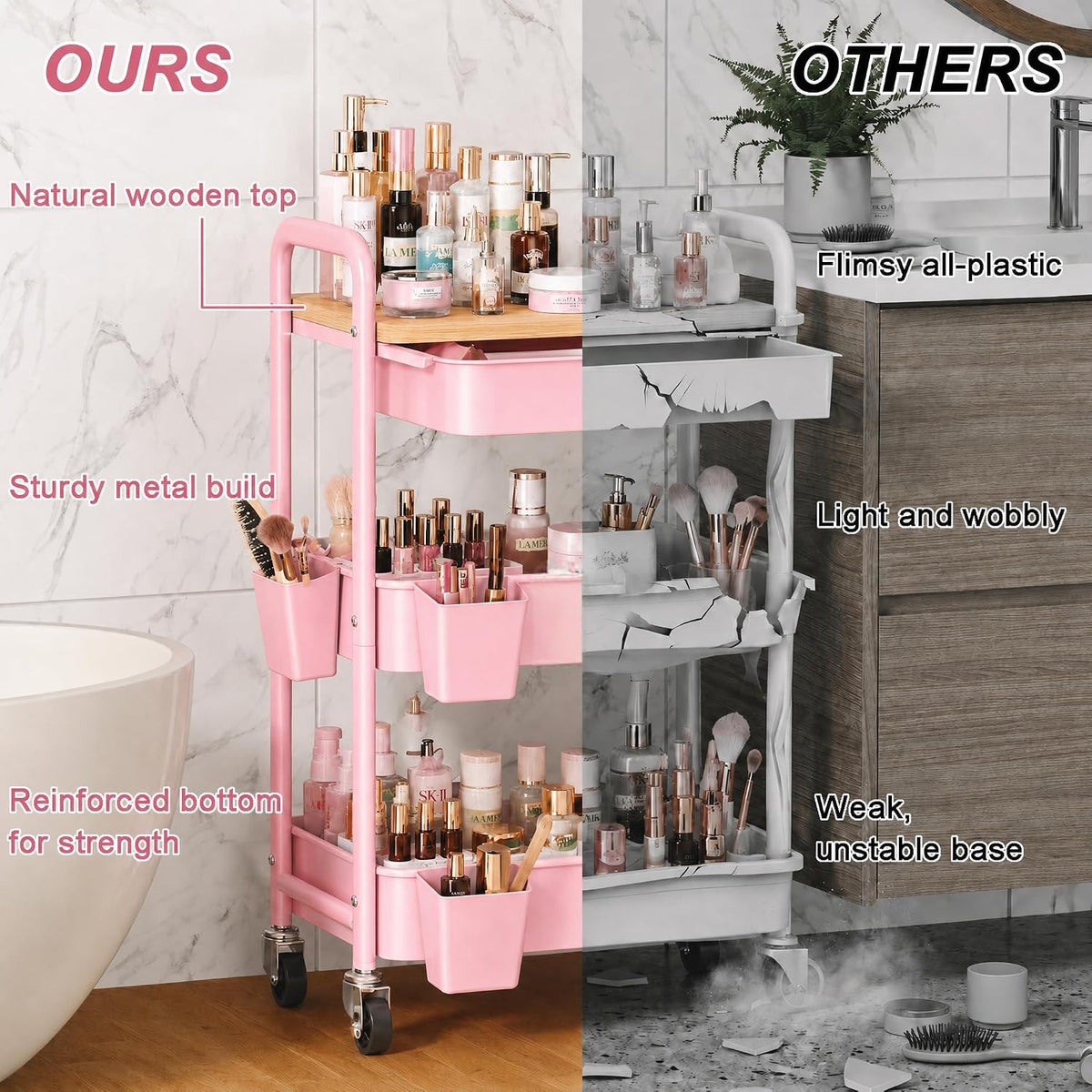 3 Tier Metal Rolling Makeup Organizer Cart with with Wheels and Drawers