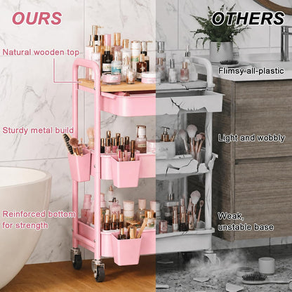 3 Tier Metal Rolling Makeup Organizer Cart with with Wheels and Drawers