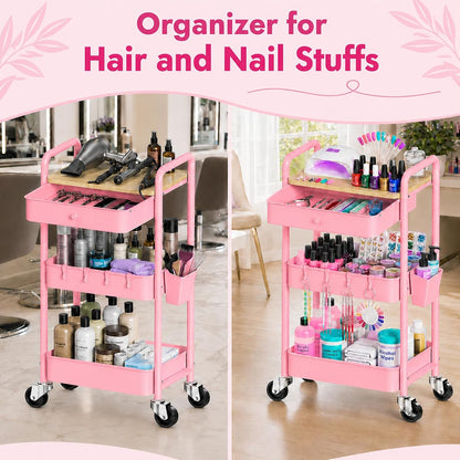3 Tier Metal Rolling Makeup Organizer Cart with with Wheels and Drawers