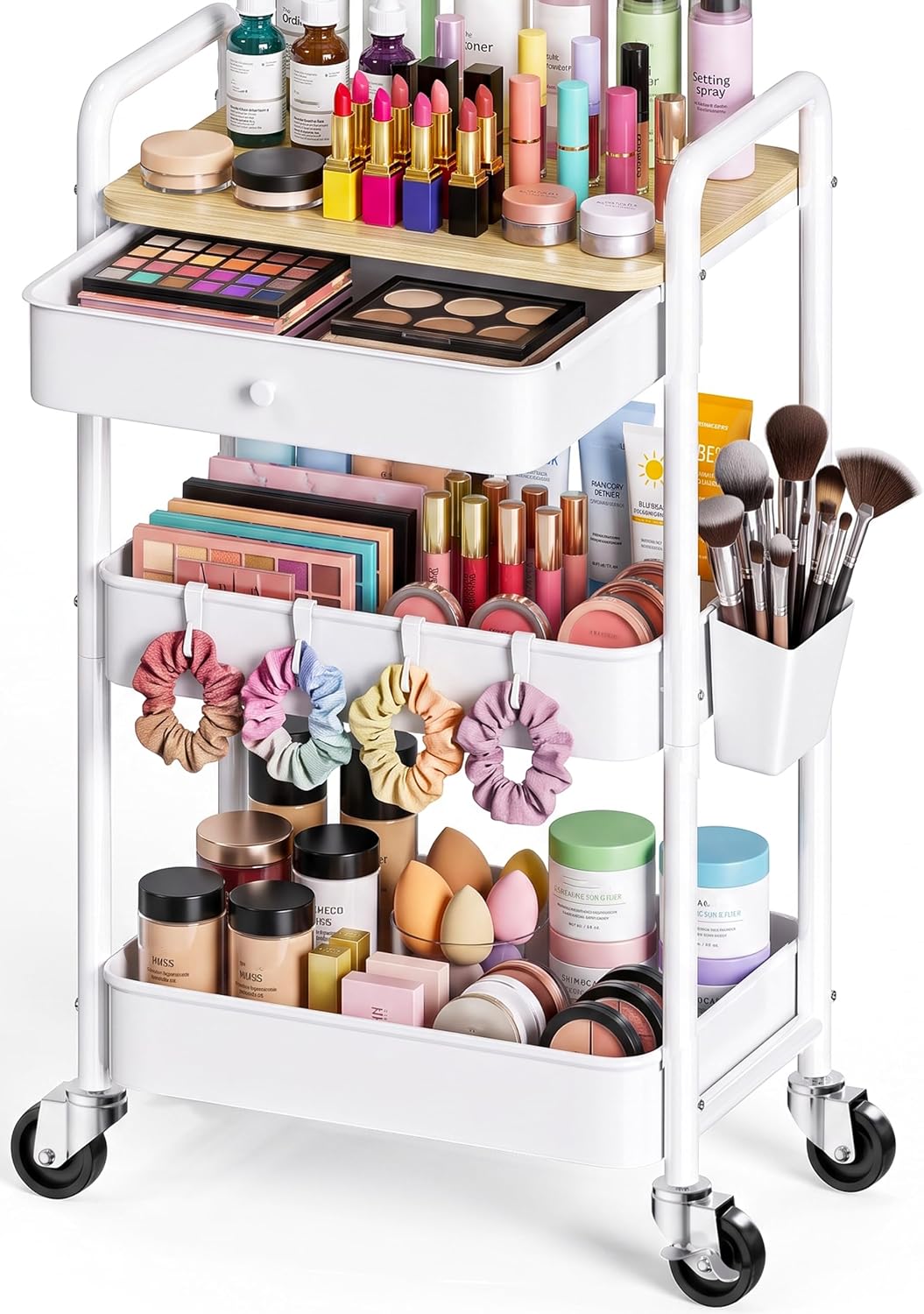 3 Tier Metal Rolling Makeup Organizer Cart with with Wheels and Drawers