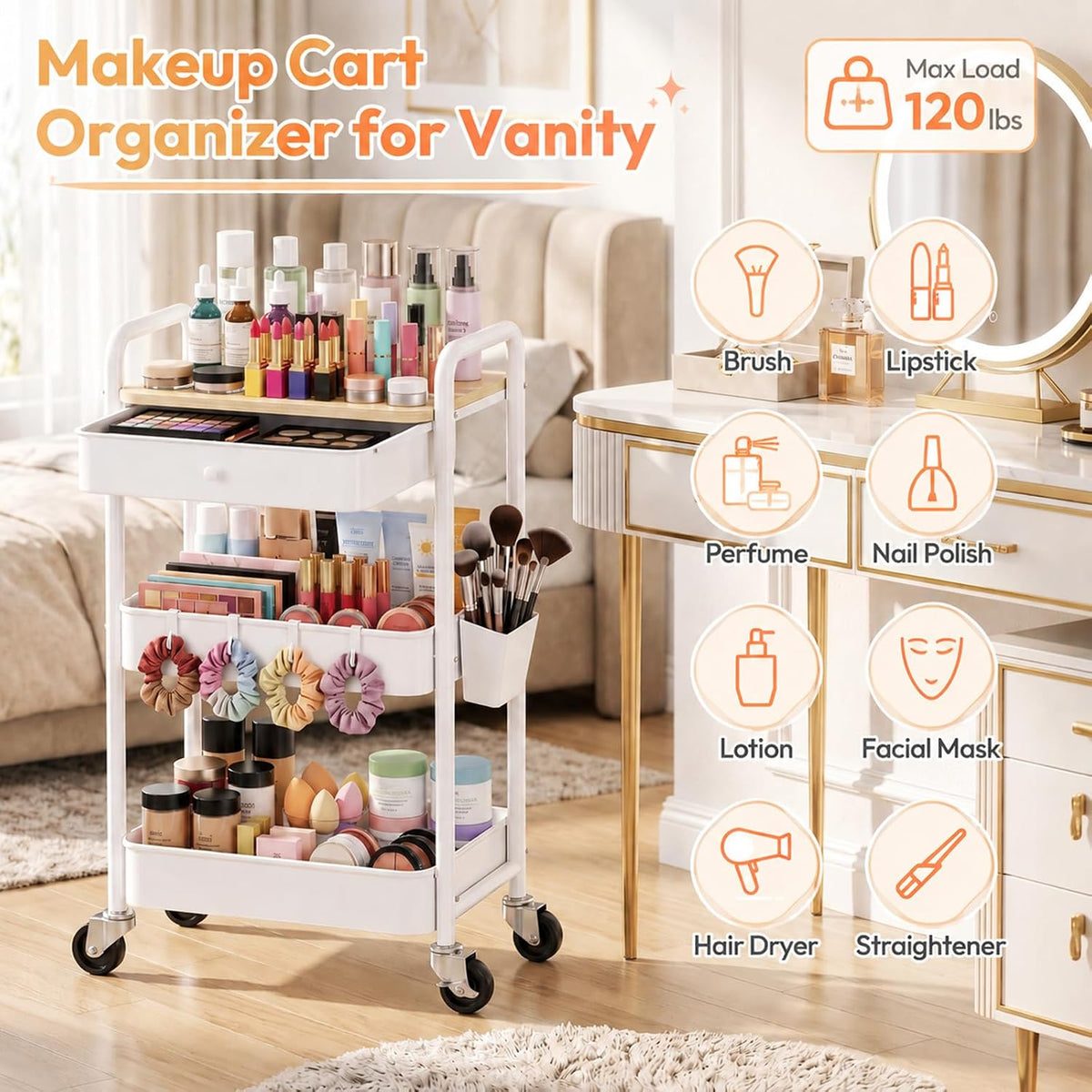 3 Tier Metal Rolling Makeup Organizer Cart with with Wheels and Drawers