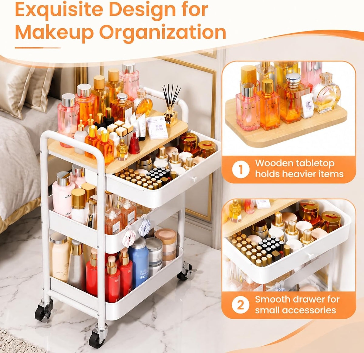 3 Tier Metal Rolling Makeup Organizer Cart with with Wheels and Drawers