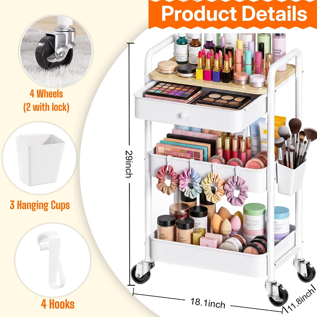 3 Tier Metal Rolling Makeup Organizer Cart with with Wheels and Drawers