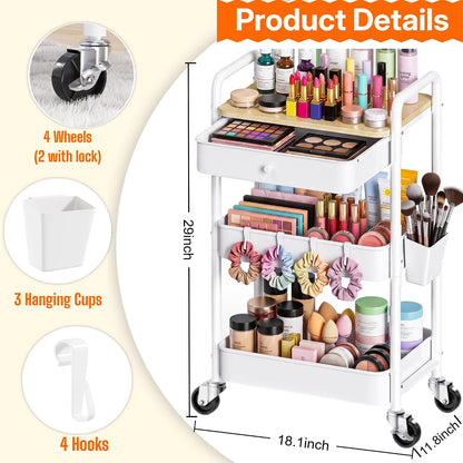 3 Tier Metal Rolling Makeup Organizer Cart with with Wheels and Drawers