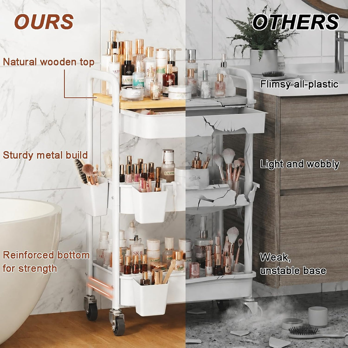 3 Tier Metal Rolling Makeup Organizer Cart with with Wheels and Drawers