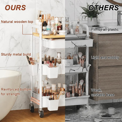 3 Tier Metal Rolling Makeup Organizer Cart with with Wheels and Drawers