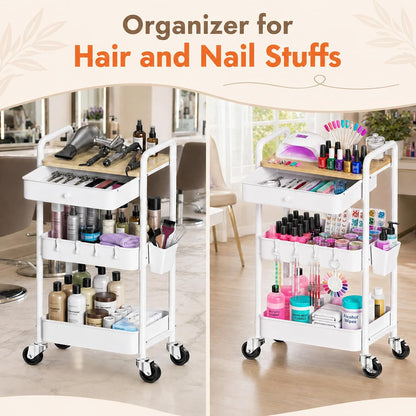 3 Tier Metal Rolling Makeup Organizer Cart with with Wheels and Drawers