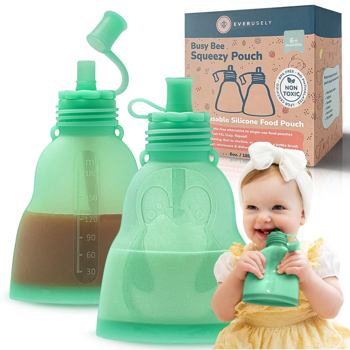 Reusable Baby Food Pouches for Toddlers, 2 Pack, 6 oz, Green, BPA-Free