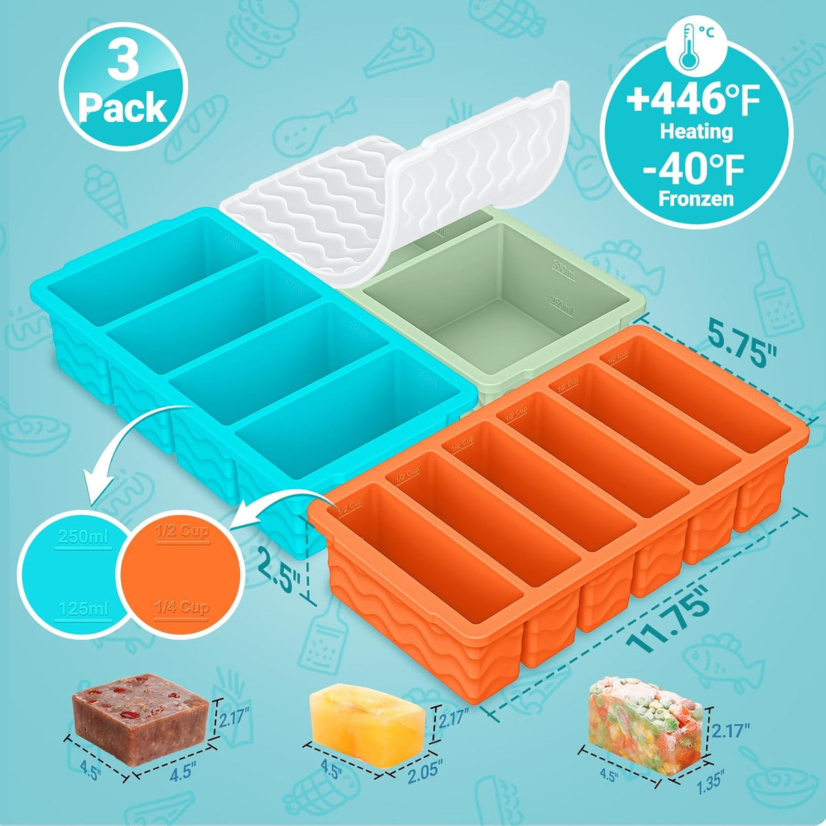 3-Pack Silicone Freezer Trays with Lid, Soup Freezer Container Molds