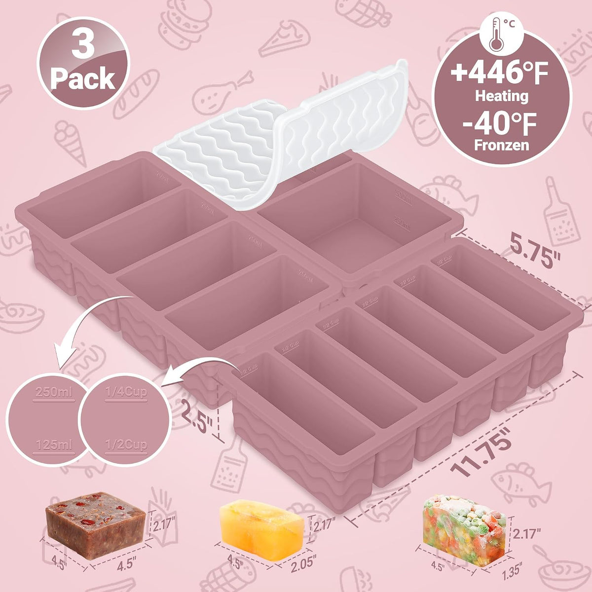 3-Pack Silicone Freezer Trays with Lid, Soup Freezer Container Molds
