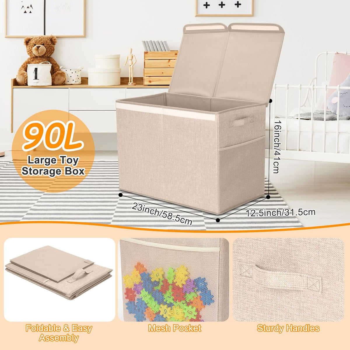 3 Pack Large Toy Box Storage Organizer Set, Grey White
