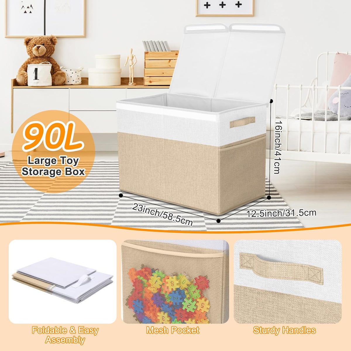 3 Pack Large Toy Box Storage Organizer Set, Grey White
