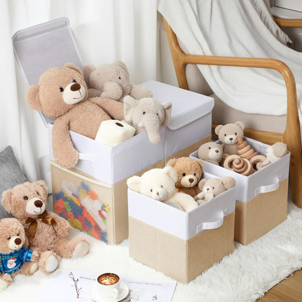 3 Pack Large Toy Box Storage Organizer Set, Grey White