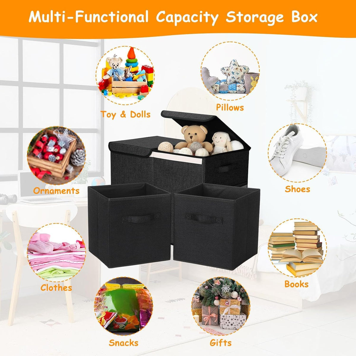 3 Pack Large Toy Box Storage Organizer Set, Grey White