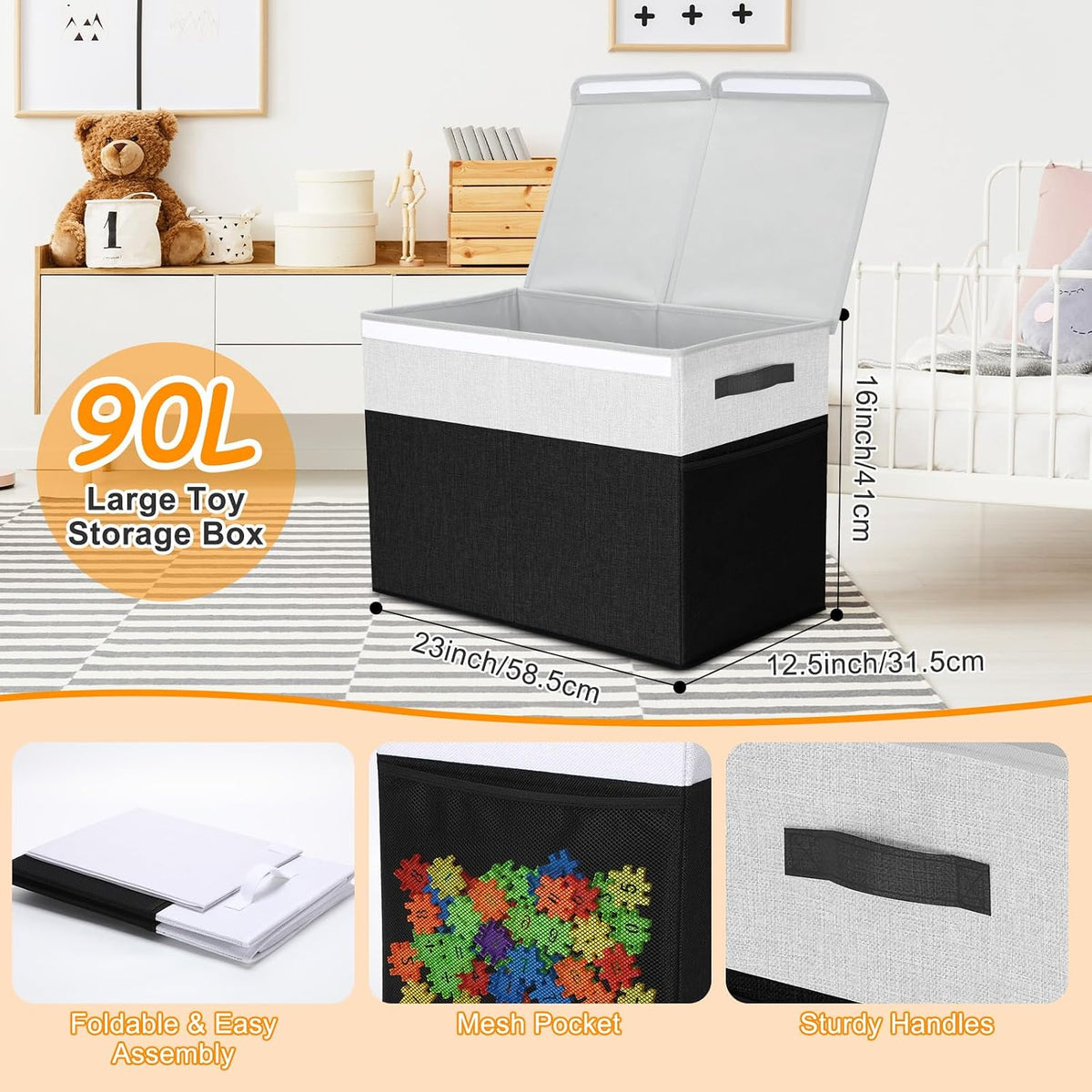 3 Pack Large Toy Box Storage Organizer Set, Grey White