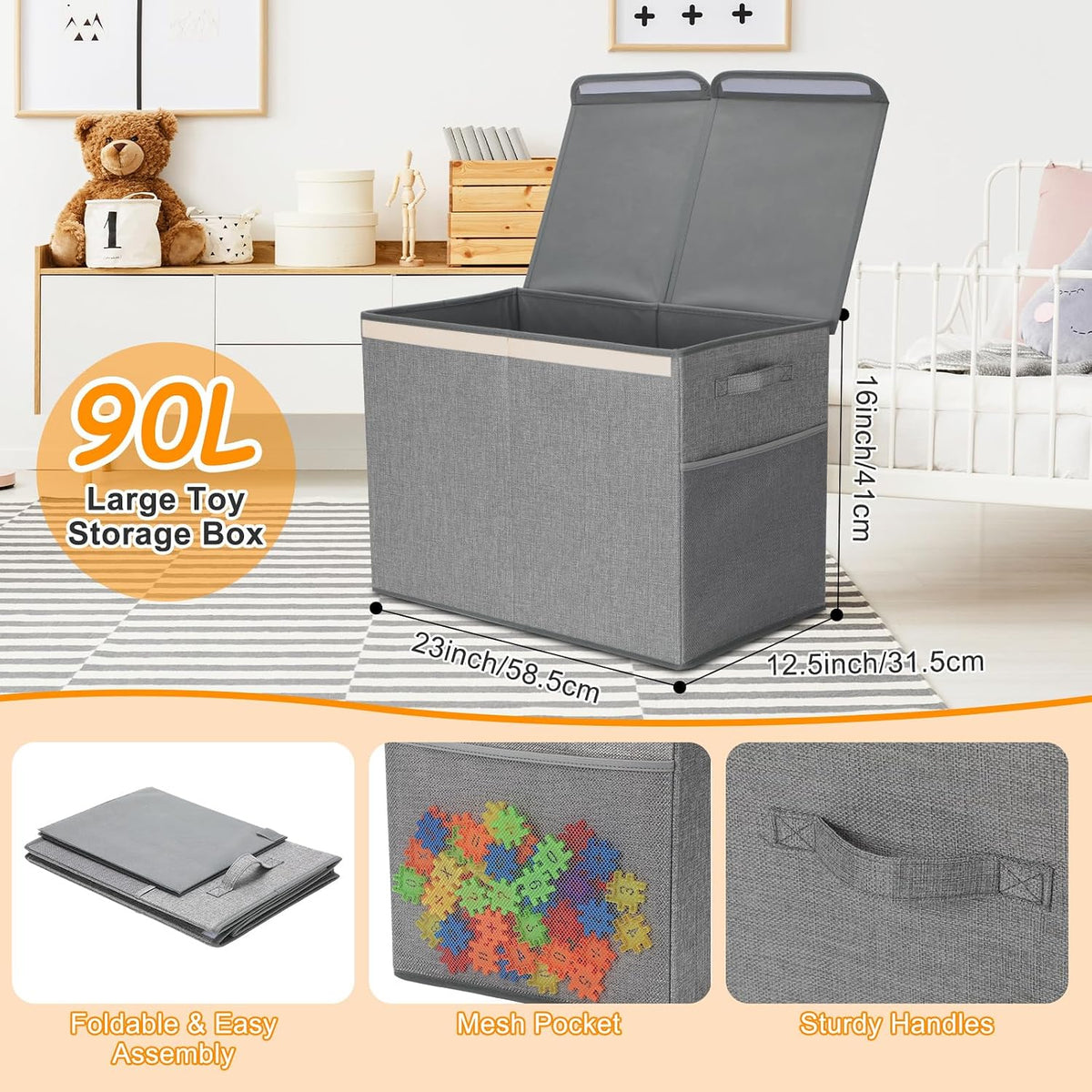 3 Pack Large Toy Box Storage Organizer Set, Grey White