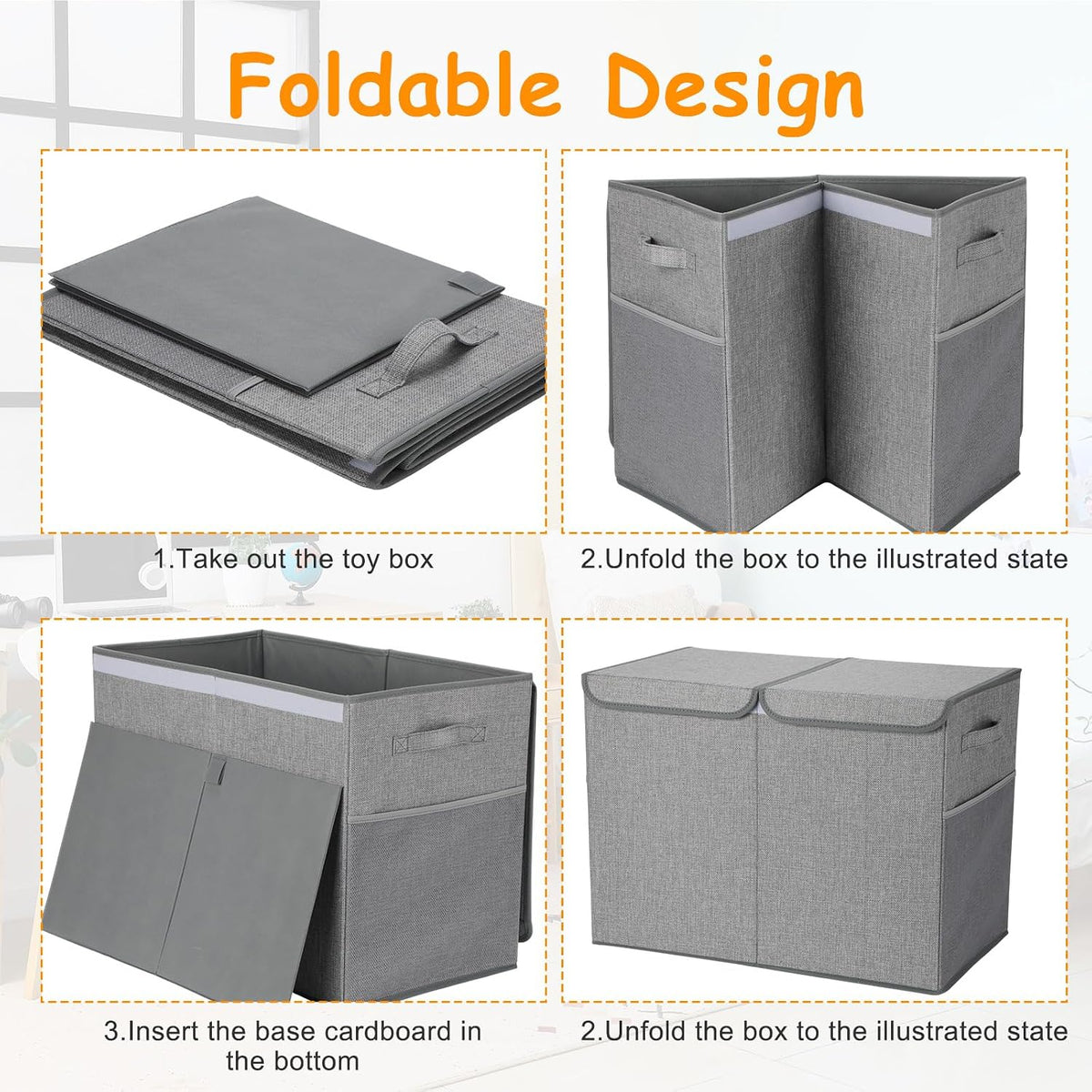 3 Pack Large Toy Box Storage Organizer Set, Grey White